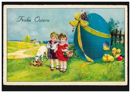 AK Ostern: Kinder, Osterlamm, Riesenei mit Küken, ungebraucht, um 1925