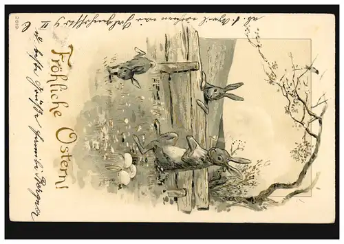 AK Ostern: Rauchender Hase bewacht Ostereier, gelaufen 2.4.1900