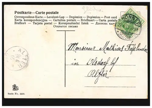 AK Pâques: enfant avec coq surdimensionné sur la corde, HONNEF 22.4.1905 vers ALFTER