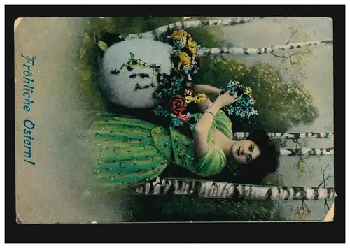 Post de train HANNOVER - HAMBURG ZUG 774 - 3.4.1915 sur AK Pâques femme avec fleurs