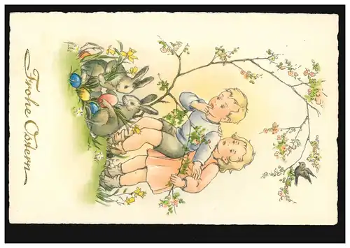 AK Ostern: Kinder beobachten Hasen Ostereierverstecken, ungebraucht, um 1925 