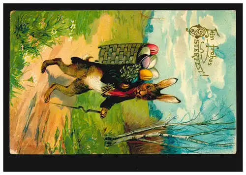 AK Pâques: Animaux Humains - Lièvre avec panier et oeufs, couru vers 1910