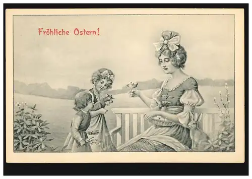 AK Pâques: famille avec poussin et lapin, inutilisé vers 1899