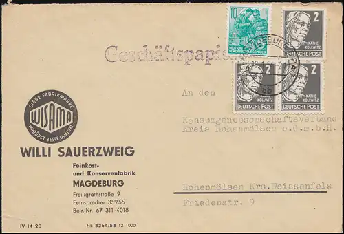 327 Kollwitz avec 409 plan quinquennal sur le devant de la lettre MiF MAGDEBURG 19.1.1954