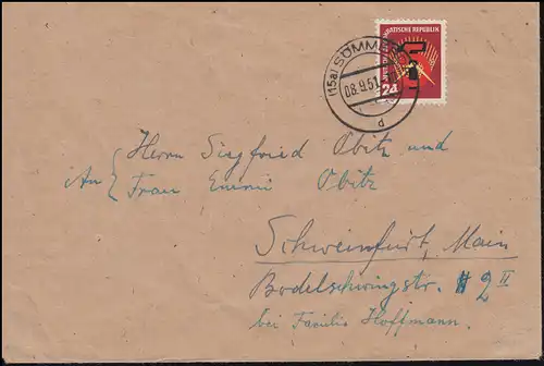 293 Fünfjahrplan 1951 als EF auf Brief SÖMMERDA 8.9.51 nach Schweinfurt / Main