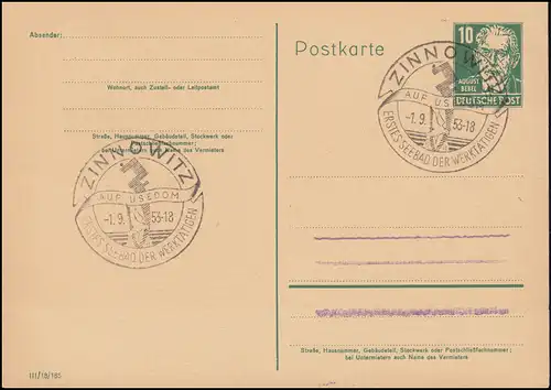 Postkarte P 41a I Bebel 10 Pf DV III /18/185, SSt ZINNOWITZ AUF USEDOM 1.9.1953