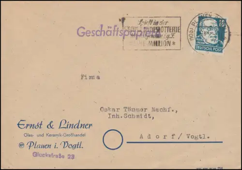 218 Virchow 16 Pf als EF auf Geschäftspapiere PLAUEN / VOGTL nach Adorf