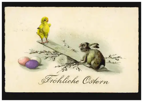 AK Ostern: Küken und Hase auf der Wippe, MANNHEIM 30.3.1929 nach Wollbach