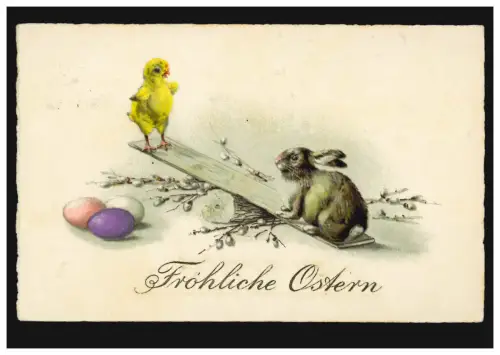 AK Ostern: Küken und Hase auf der Wippe, MANNHEIM 30.3.1929 nach Wollbach