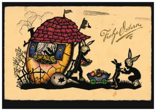 AK Ostern: Osterei als Wohnung, Osterhase mit Eierwagen, WIEN 25.3.1934