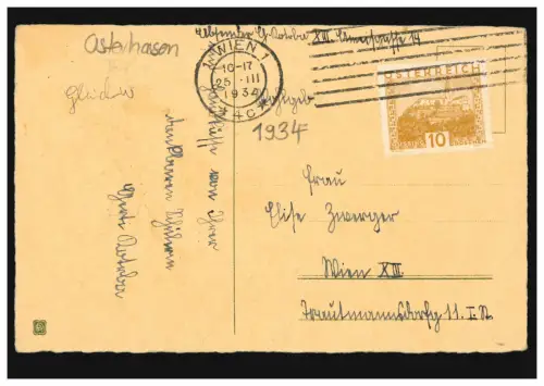 AK Pâques: Eeuf de Père comme appartement, lapin de pâque avec fourgon d'oeufs, VIENNE 25.3.1934