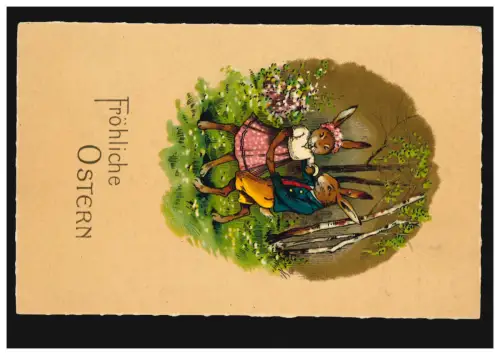 AK Ostern: Vermenschlichte Tiere - Hasen als Liebespaar im Wald, gelaufen 1918