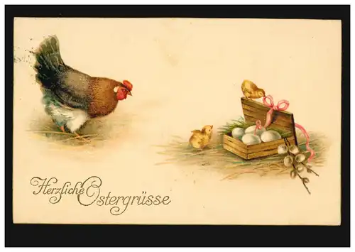 AK Ostern: Henne mit Küken Eiern Weidenkätzchen, WIEN 2.4.1915 nach Budapest