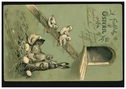 AK Ostern: Vermenschlichte Tiere - Hase und Henne im Gespräch, BEDBURG 2.4.1904