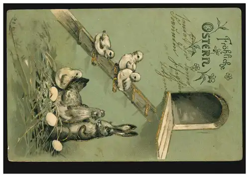 AK Pâques: Animaux Menus - Lièvre et poule en conversation, BEDBURG 2.4.1904