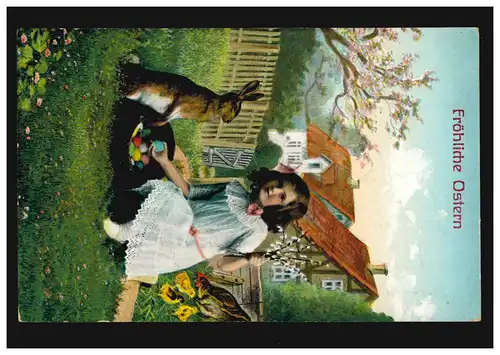 AK Pâques: Fille avec le lapin d'œufs de PÂques Poussins, VIENNE 10.4.1914