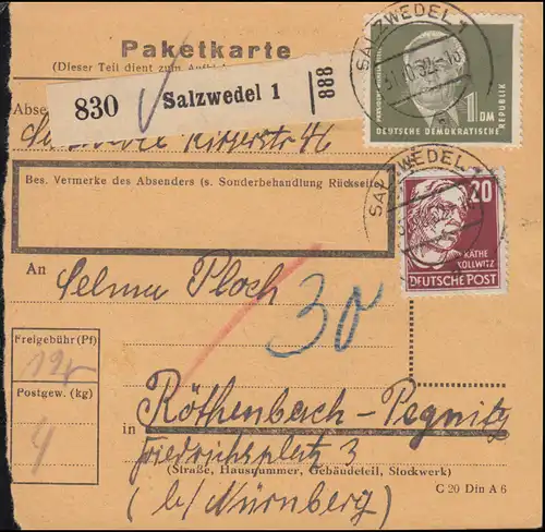 253 Pieck 1 DM mit Kollwitz 20 Pf auf Paketkarte SALZWEDEL 31.10.1952