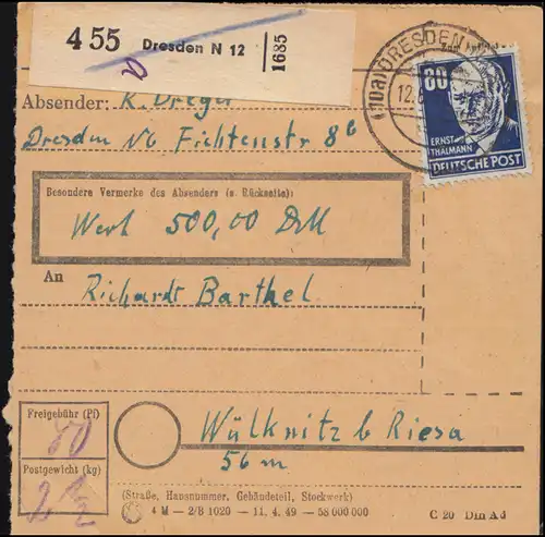 226 Thälmann 80 Pf. als EF auf Paketkarte DRESDEN N 12 - 12.6.1951 nach WÜLKWITZ