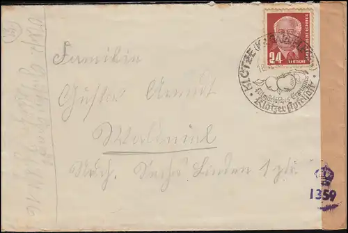 Censure 1359 sur lettre 324 Pieck EF SSt KLÖTZE Jus de pomme 18.8.52 à Waldniel