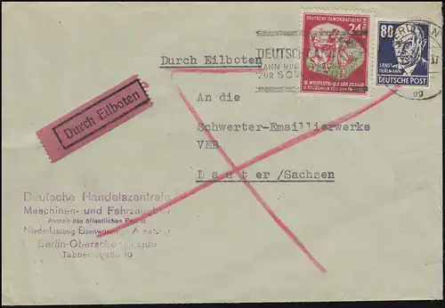 226 Thälmann 80 Pf. avec 290 Festivals du Monde 24 Pfe. MiF Lettre d'Eil BERLIN 15.11.51