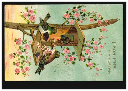 AK Pfingsten: Vermenschlichte Tiere - Vögel beim Skatspielen, SAARBRÜCKEN 1900