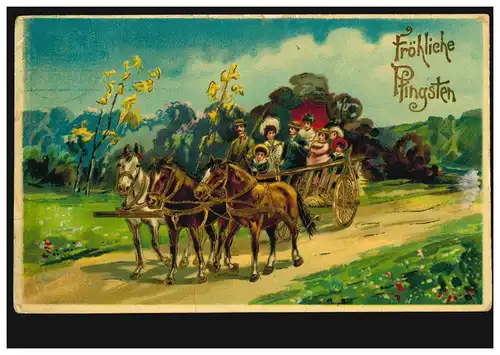 Tiere-AK Pferde-Gespann zu Pfingsten mit Menschen, vergoldet, CREFELD 22.5.1915