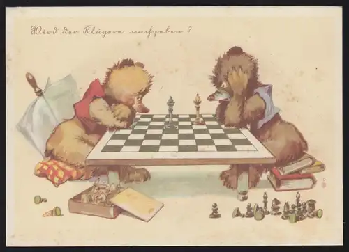 Humor-AK Wird der Klügere nachgeben? Bären beim Schach, ungebraucht, um 1920