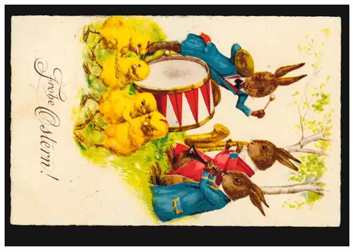 AK Ostern: Vermenschlichte Tiere Hasen machen Musik Küken tanzen, CHEMNITZ 1913