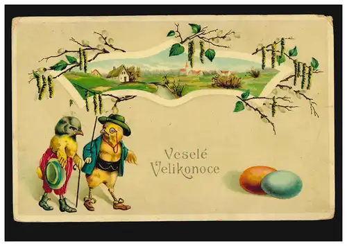 AK Pâques: Animaux Humains - Poussins en costumes avec paysage du village vers 1910