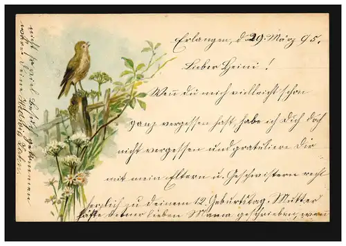 Animaux-AK chanteur sur clôture de jardin fleurs, RÉCÉDENT 29.3.1895 selon DESSAU 30.3.