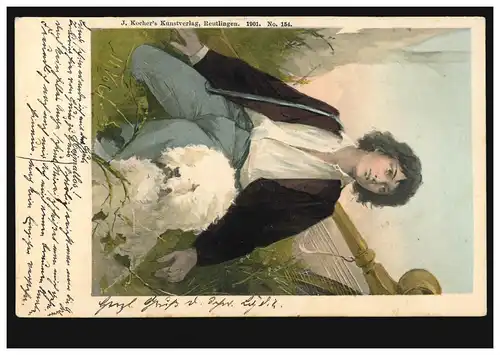 Künstler-AK Hermann Volz Tiere Junge mit Hund, TÜBINGEN 2.10.04 nach MERGENTHEIM