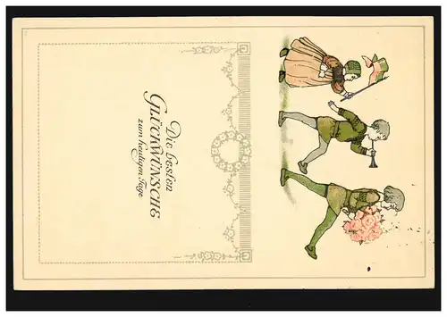 Kinder-AK: Musik und Glückwünsche, NEUSS 24.8.1912 als Orts-Postkarte 
