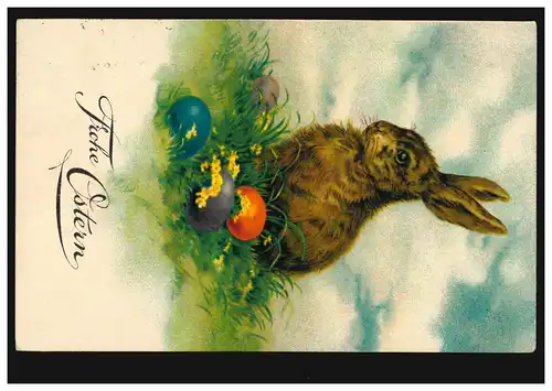 AK Ostern: Osterhase bewacht Ostereier, geschrieben am 7.4.1929