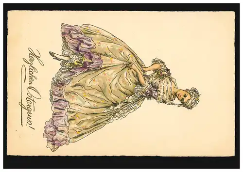 AK Ostern: Barock-Mode Frau in langem Kleid, beschriftet 1923