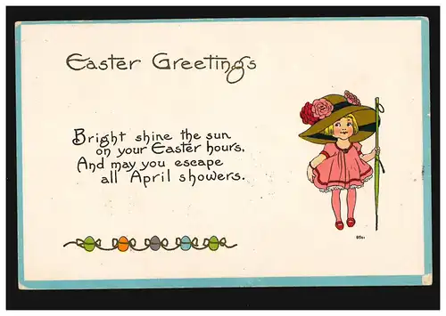 AK Pâques: Greetings Easter - Fille avec chapeau et parapluie, NEW YORK 7.4.1916