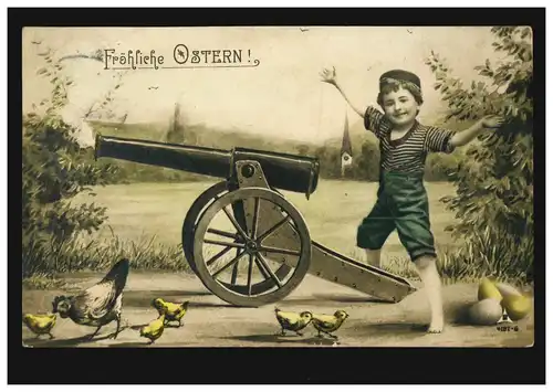 AK Ostern: Osterschießen -  Junge mit Kanone Eier Küken, gelaufen 30.3.1907