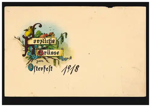 AK Oster-Grüße als Ortsschild mit Küken und Weidenkätzchen, FREIBURG 31.3.1918