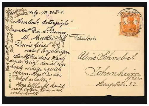 AK Oster-Grüße als Ortsschild mit Küken und Weidenkätzchen, FREIBURG 31.3.1918