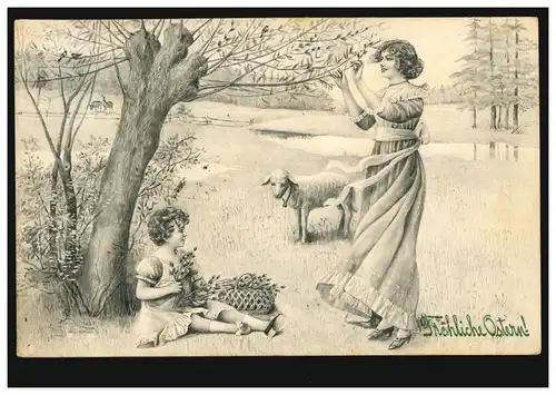 AK Ostern: Frau mit Kind unter einer Weide mit Osterlamm WIEN 1911 Ortspostkarte