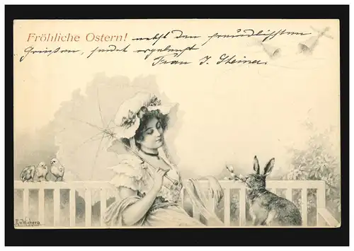 AK Artiste Pâques: R.v.Wichera - femme avec lapin sur une banque, CÖLN 21.4.1911