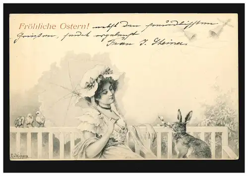 Künstler-AK Ostern: R.v.Wichera - Frau mit Hase auf einer Bank, CÖLN 21.4.1911