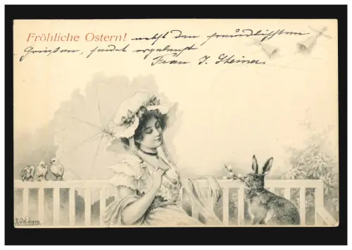 Künstler-AK Ostern: R.v.Wichera - Frau mit Hase auf einer Bank, CÖLN 21.4.1911