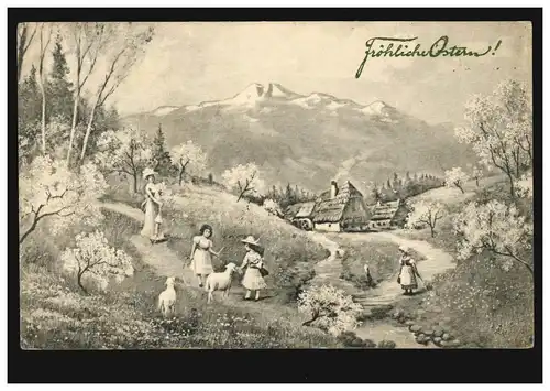 AK Ostern: Dorfidylle in den Bergen Osterlämmer Kinder, WIEN um 1922