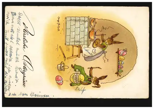 Künstler-AK Ostern: Inge Schott - Osterhasen in der Küche, HAMBURG-ALTONA 1944