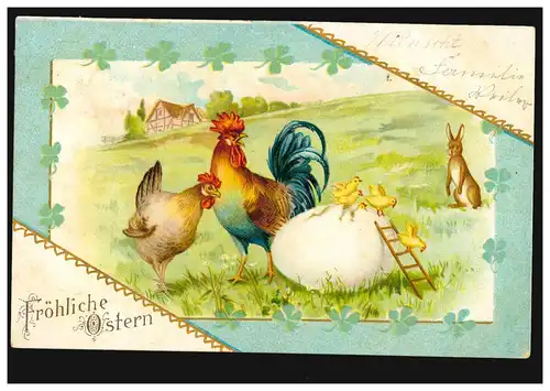 AK Pâques: Les poussins éclos d'œuf géant avec le lapin Hahn, ROISDORF 2.4.1904