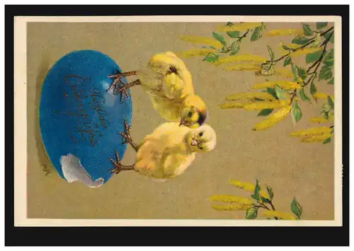 AK Pâques: Deux poussins sur l'œuf de PÂTE bleu avec des chatons de pâturage, BEIERFELD 16.4.1927