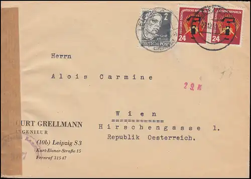 Censure autrichienne Lettre DDR 293 Plan quinquennal avec supplément LEIPZIG 23.12.51