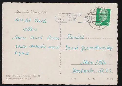 Landpost-Stempel 1301 Eberswalde auf AK Ostern, EBERSWALDE 7.4.1966