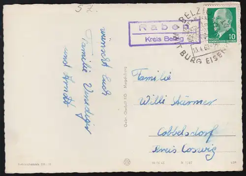 Landpost-Stempel Raben Kreis Belzig auf AK Ostern SSt BELZIG 13.4.1963 