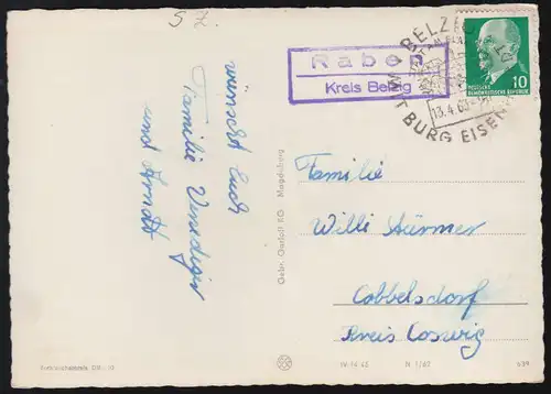 Landpost-Stempel Raben Kreis Belzig auf AK Ostern SSt BELZIG 13.4.1963